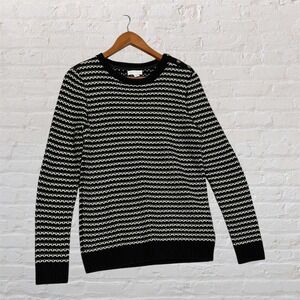 Charter Club Womens Small Black White Striped‎ Button Shoulder Crewneck Sweater